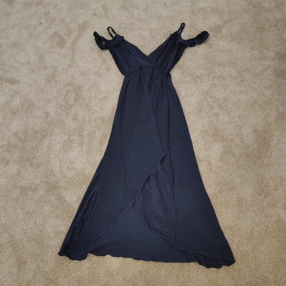 SAGE THE BRAND SATIN MAXI DRESS WOMENS SMALL NAVY BLUE FORMAL OFF SHOULDER
